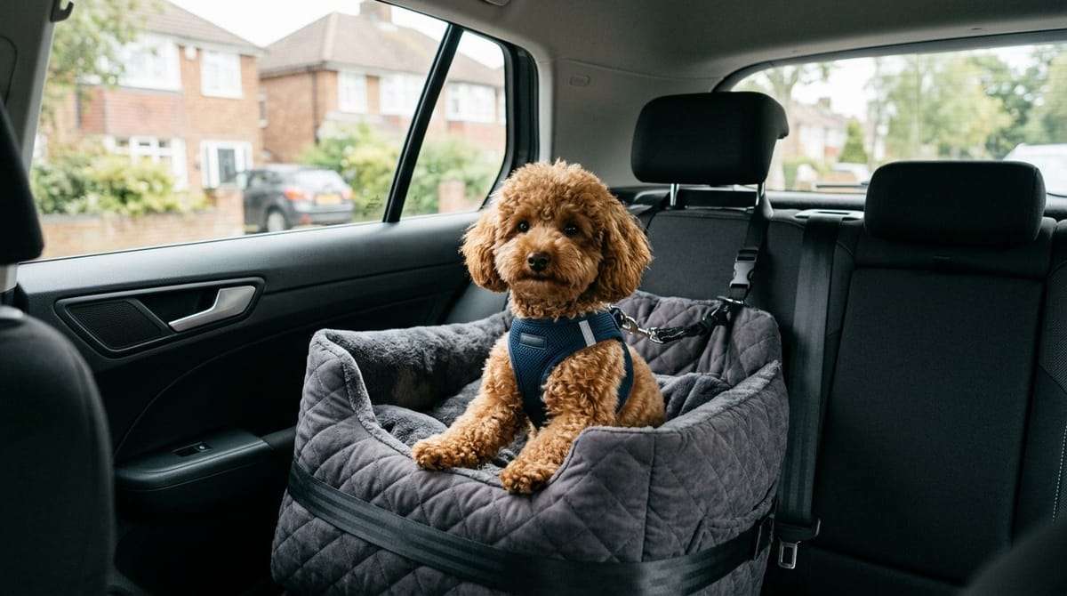 A brown poodle in a navy harness sitting in a grey quilted dog booster seat strapped to the back seat of a car, tethered to the seat belt
