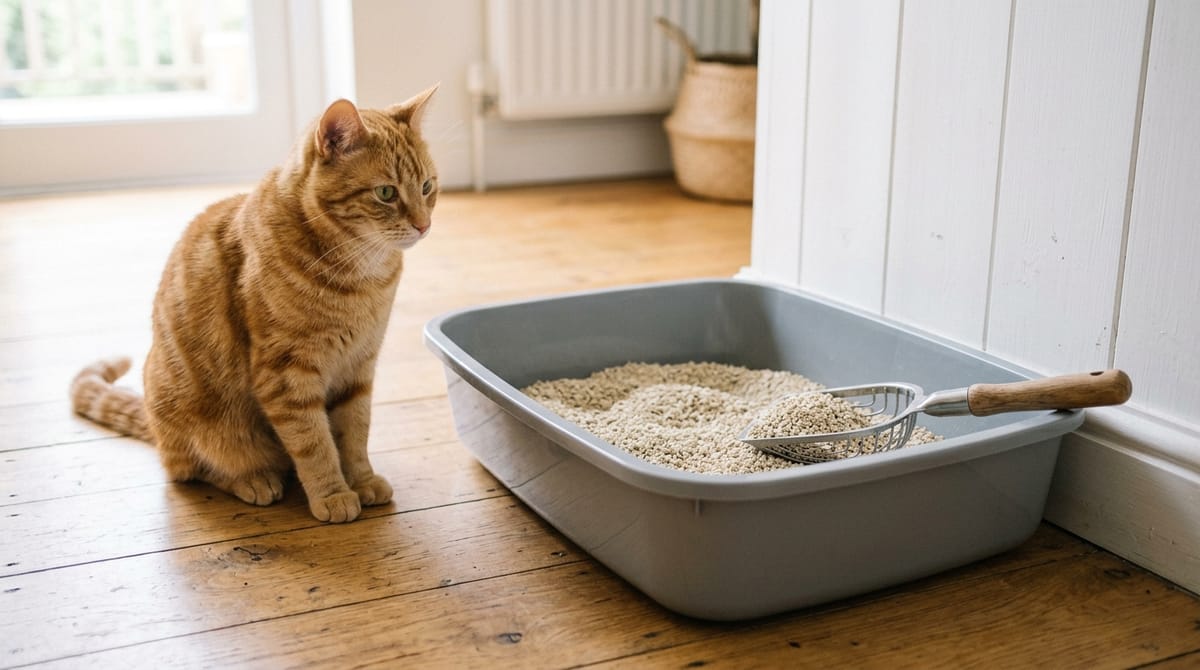 A ginger cat sitting beside a grey litter tray of pale clumping litter with a metal scoop resting in it