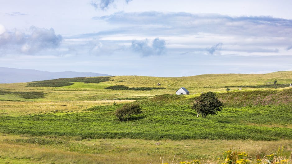Traditional stone cottage in the Scottish Highlands surrounded by glen and moorland